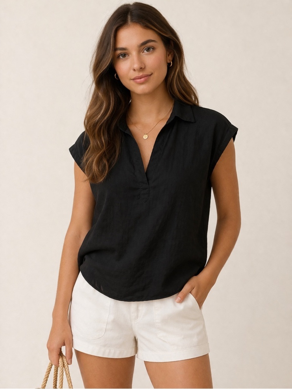 H&M Black 100% Cotton Cap Sleeve Blouse Minimalist Collared V-Neck Top Small